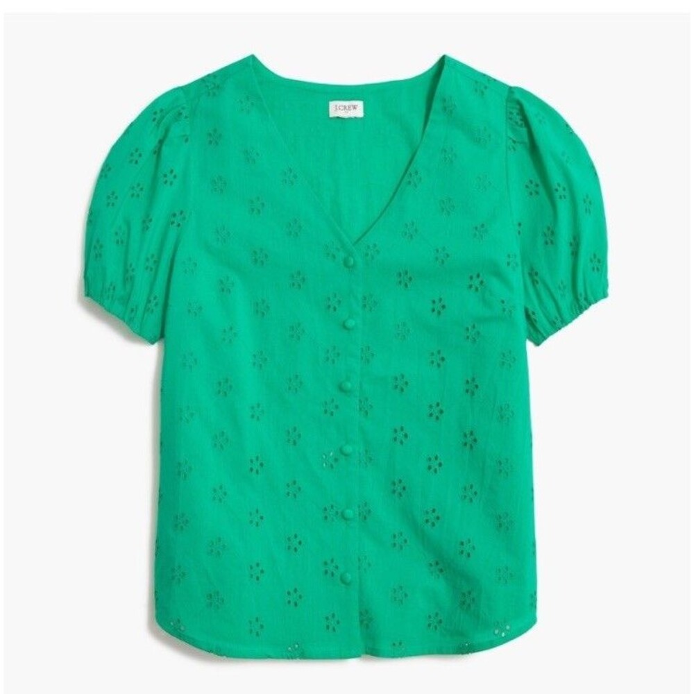 J. Crew Fac Green Floral Button Short Sleeve Blouse Size Medium